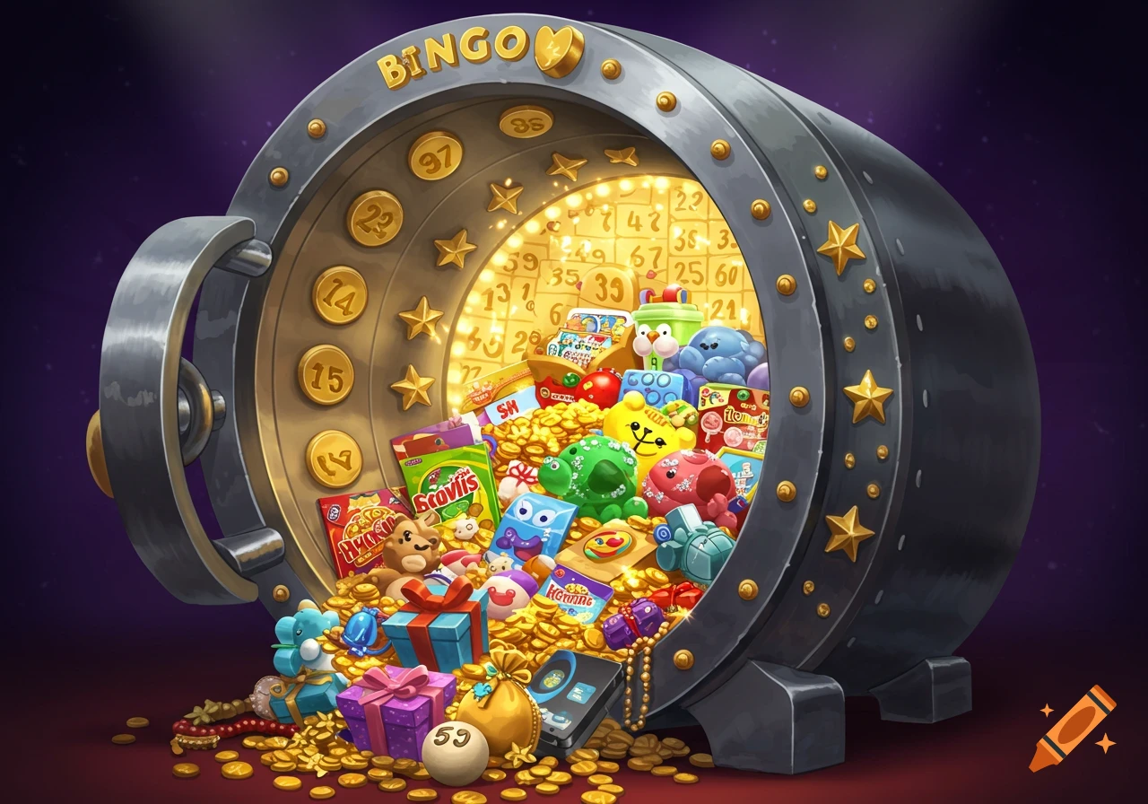 A treasure vault overflows with gold coins and colorful prizes, featuring a 'BINGO' sign.
