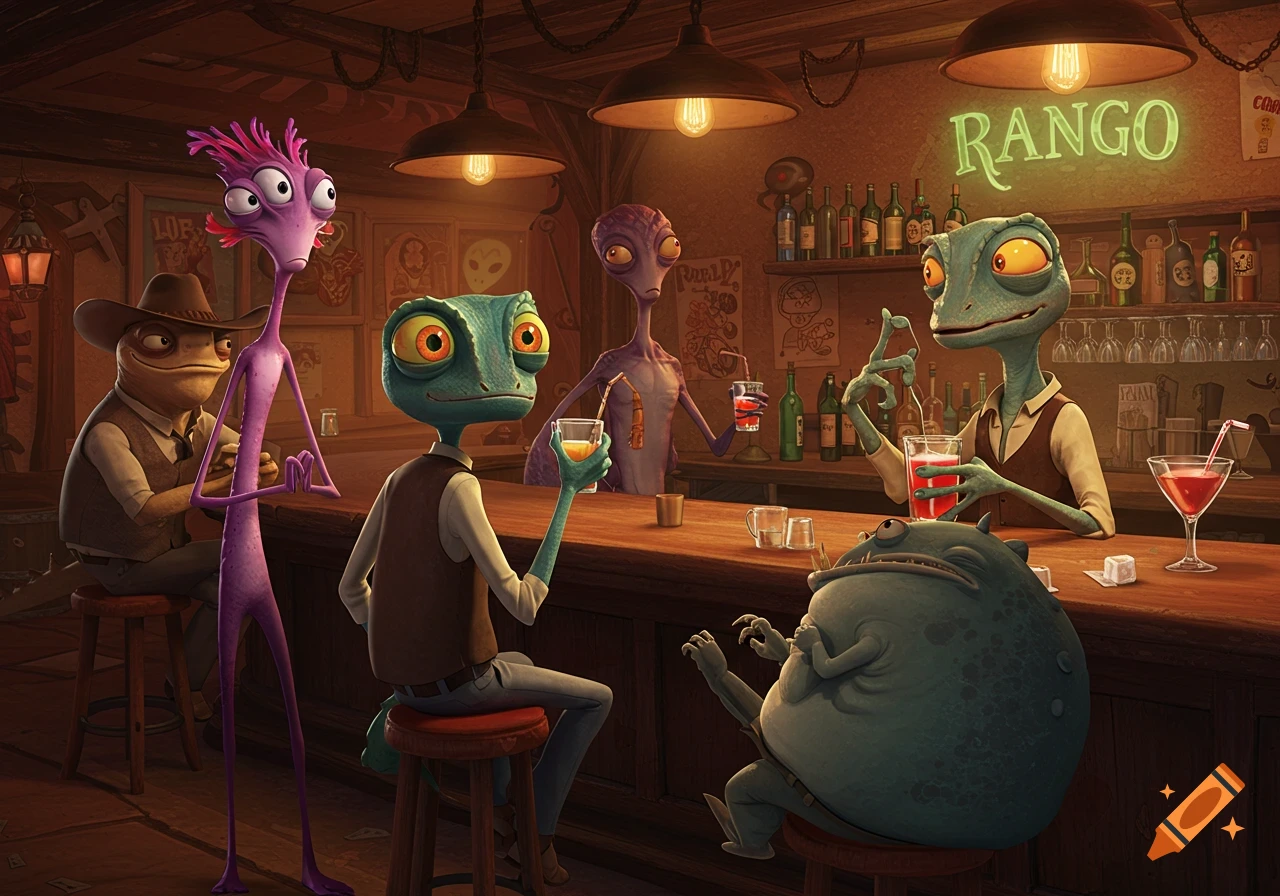 Cartoon style image of aliens drinking at a bar.