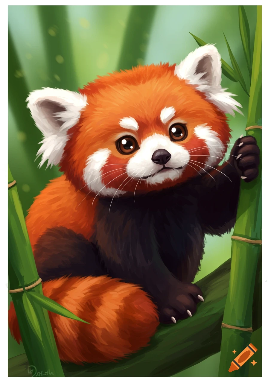 Illustration of a red panda climbing bamboo