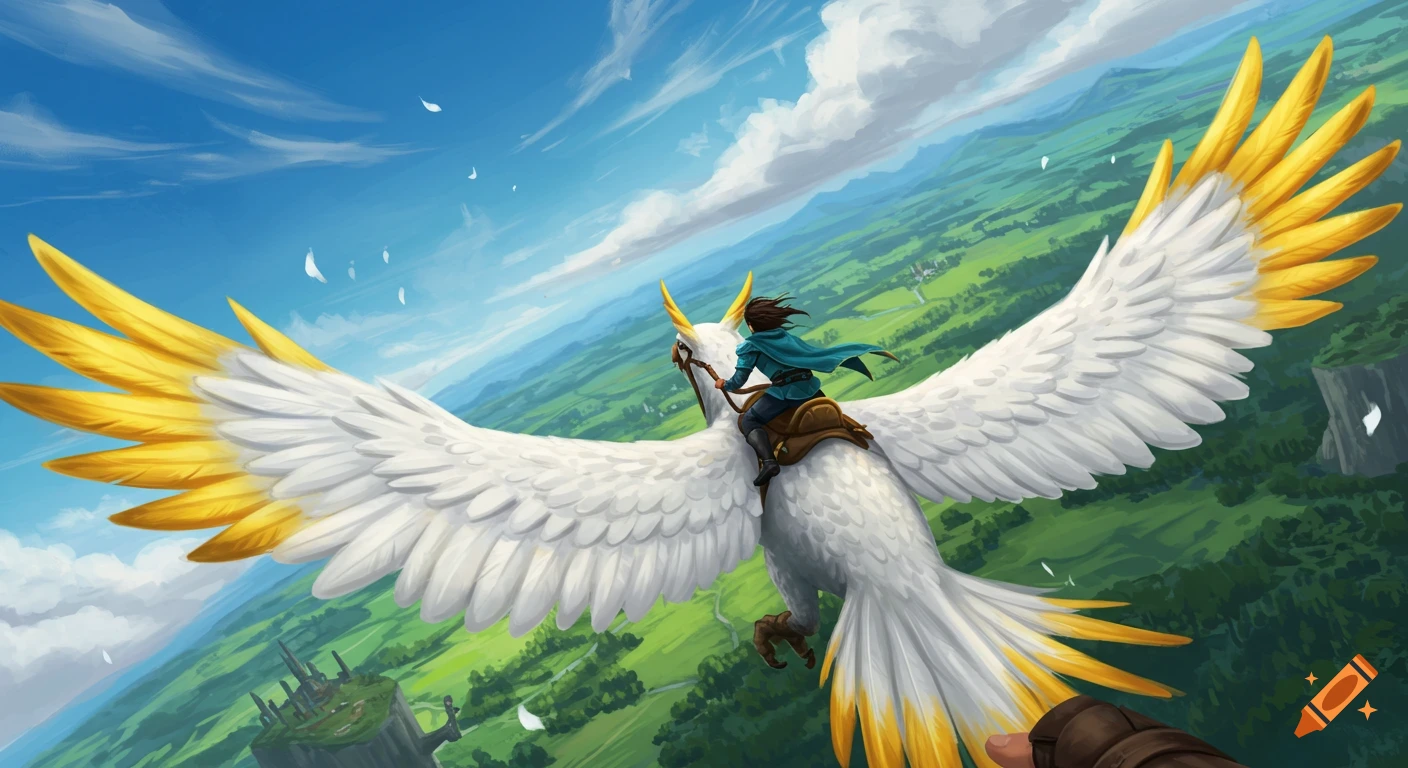 Illustration of a person riding a giant white bird with gold wings ...