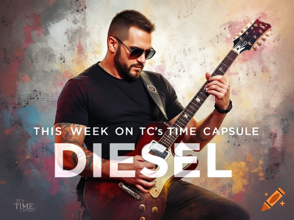 A man with sunglasses plays an electric guitar against a background with musical notes and text overlay.