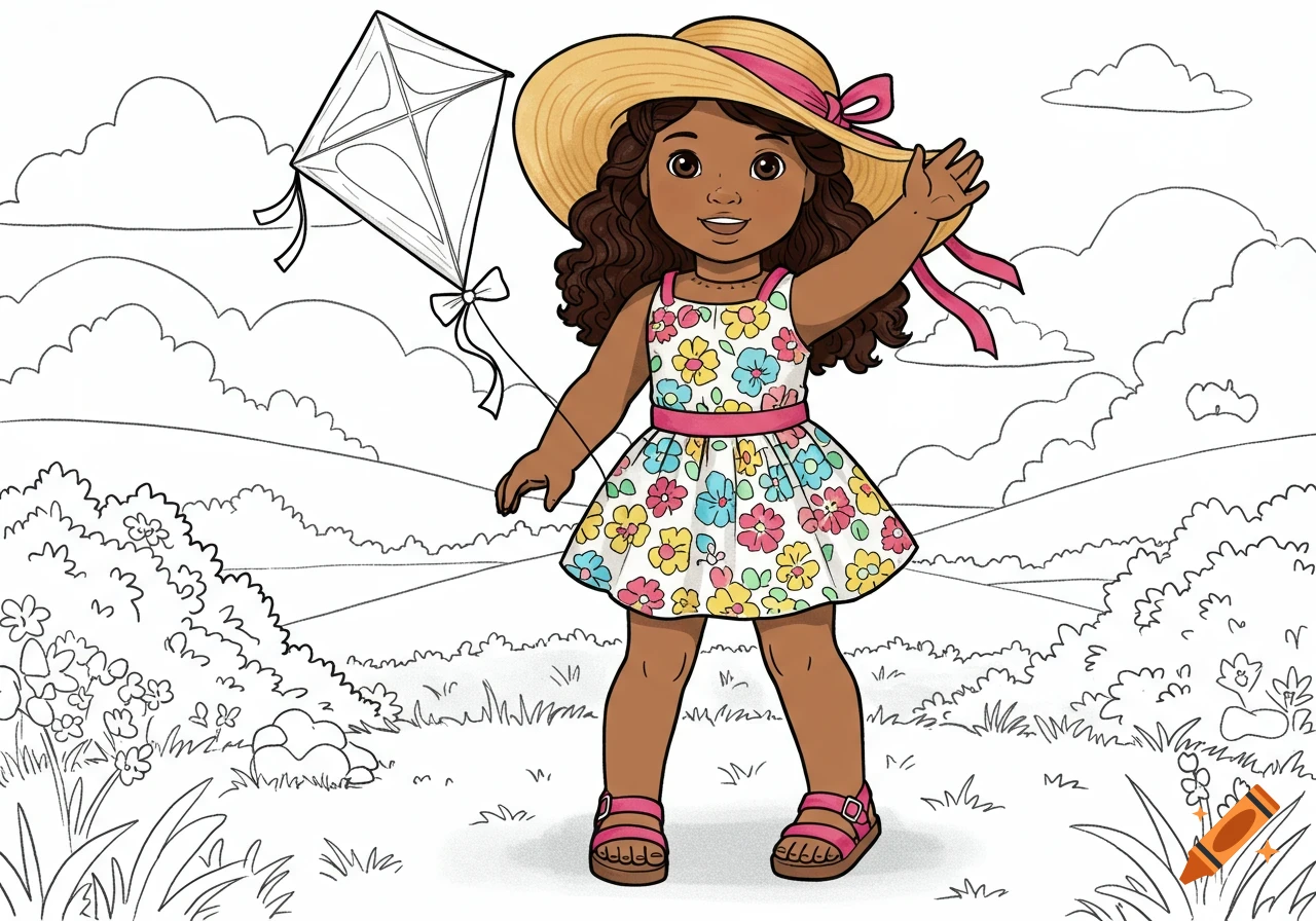 Coloring page illustration of a doll flying a kite in a field.