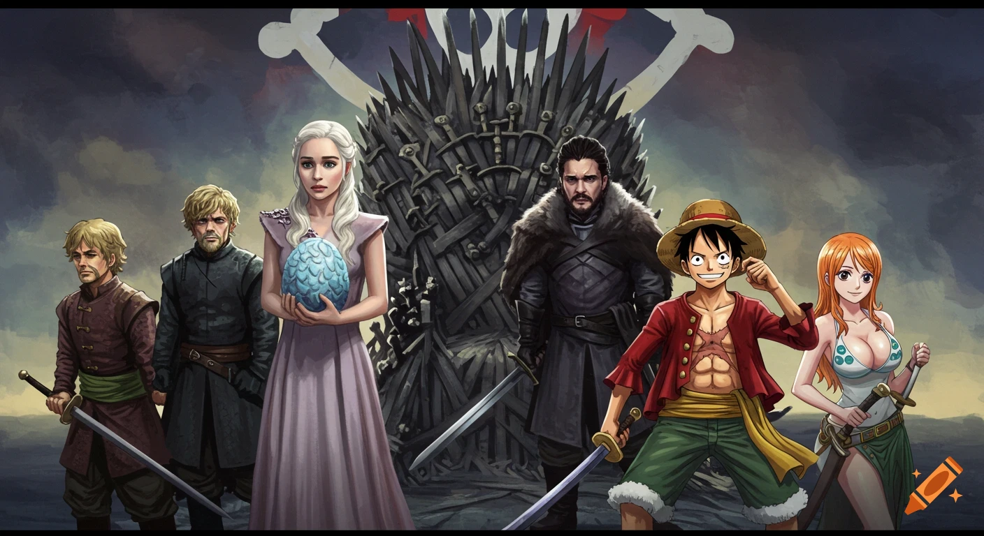 Illustrated crossover image of Game of Thrones and One Piece characters, including Daenerys, Jon Snow, Tyrion, Luffy, and Nami, standing in front of the Iron Throne.