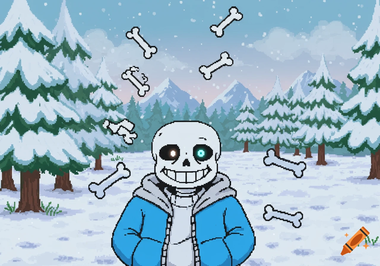 Sans the skeleton in a blue hoodie smiles among floating bones in a snowy pixel art forest.