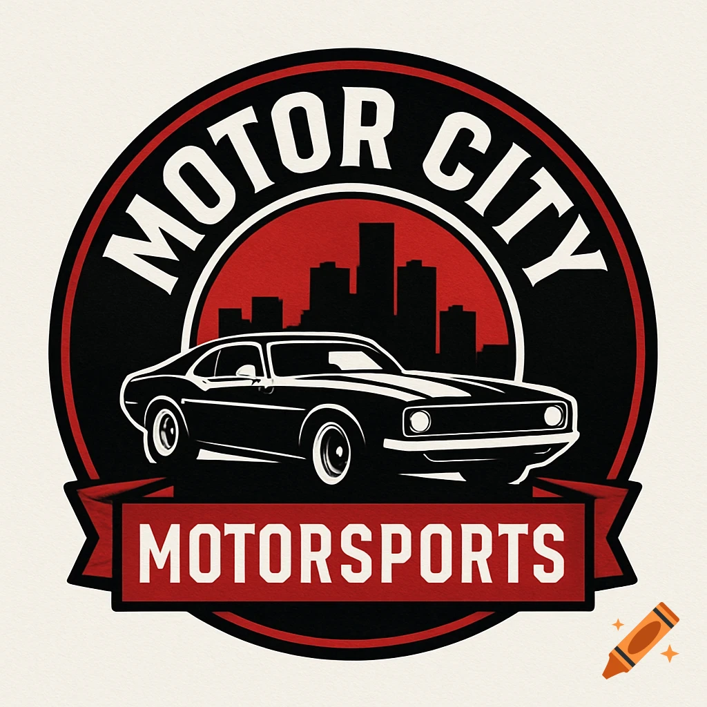 Motor City Motorsports logo with a vintage car and skyline silhouette on a circular emblem with banner