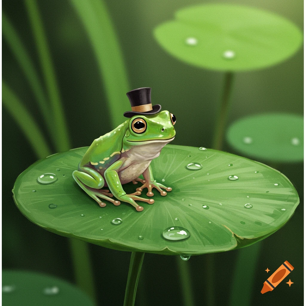 A cute green tree frog wearing a small black top hat sits on a lily pad with water drops.
