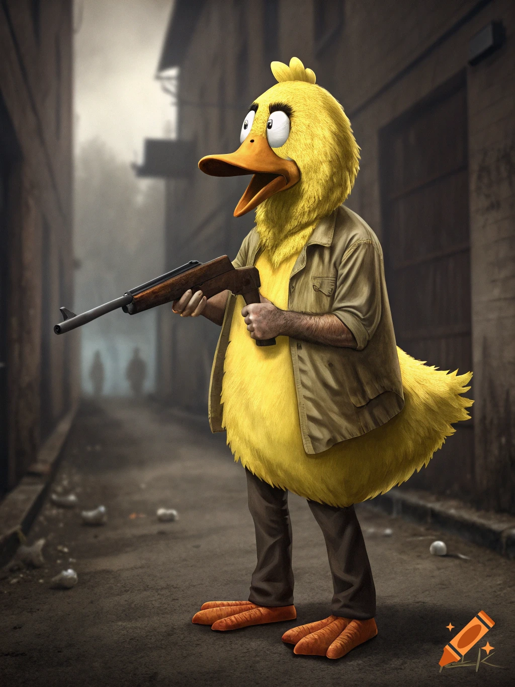 Person in a large duck costume holds a rifle while standing in a foggy alley.