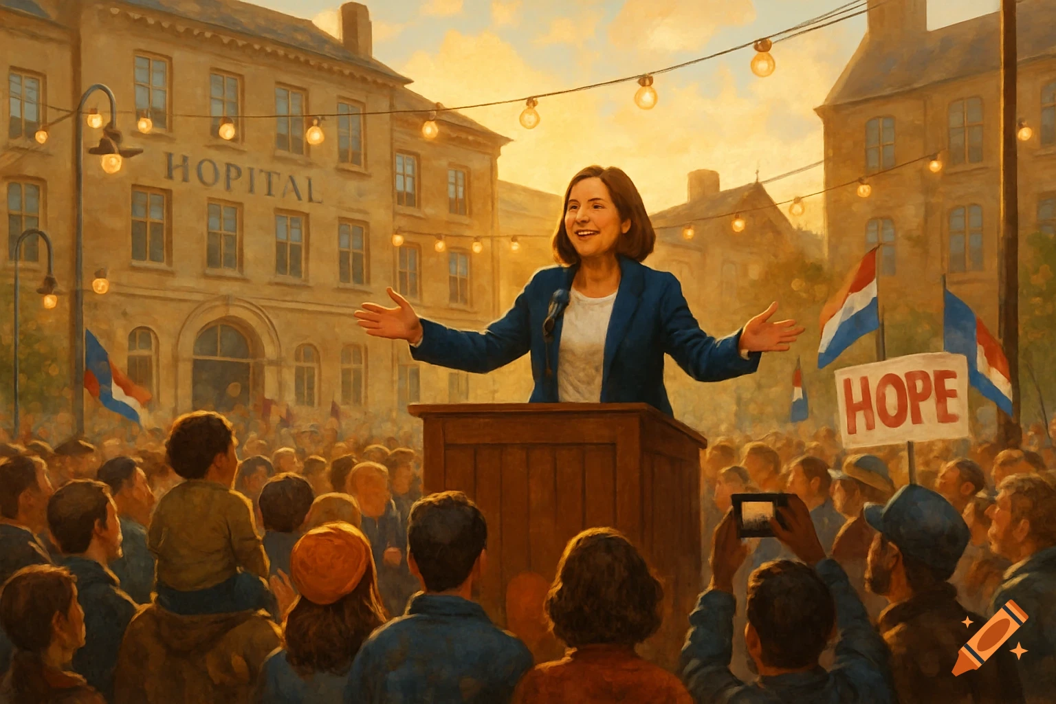 Politician speaks from podium to outdoor crowd, building with 'HOPITAL' sign behind.