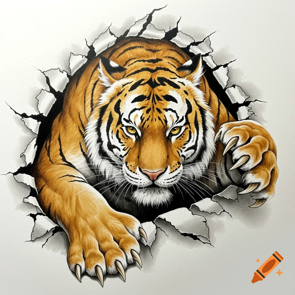 Realistic pencil drawing of a tiger head and paws clawing through white paper