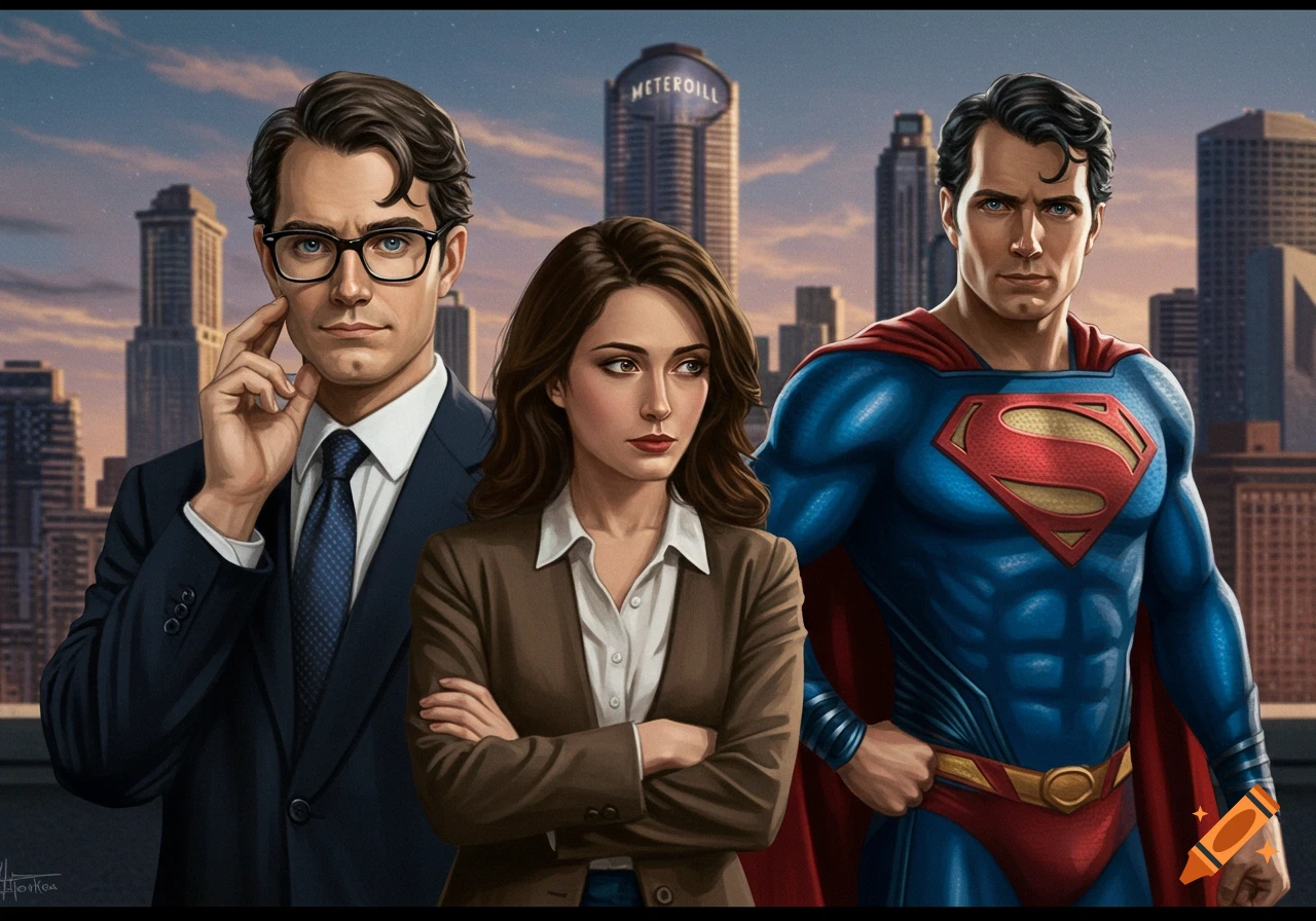 An illustration of Clark Kent, Lois Lane, and Superman standing in front of a city skyline.