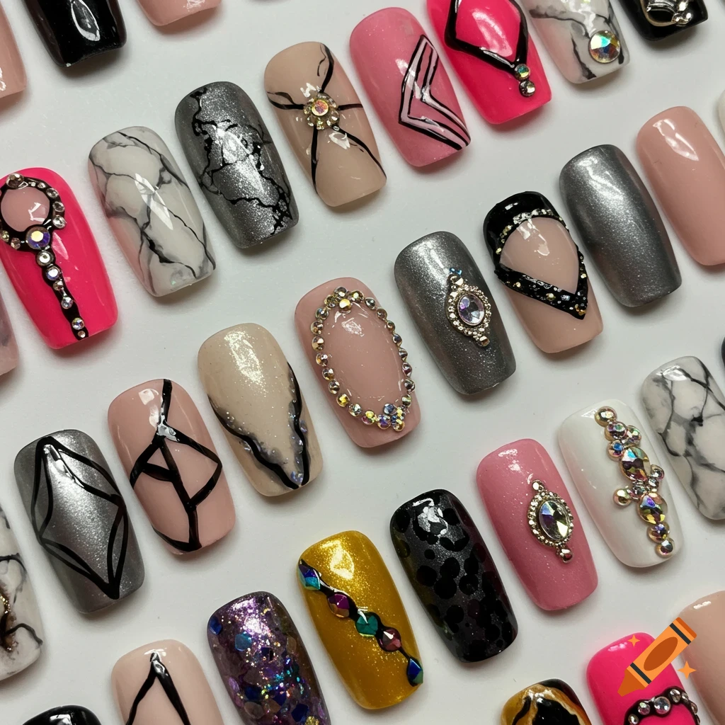 Close-up view of many fake nails with various designs and rhinestones