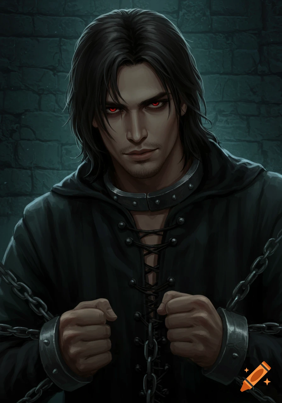 A dark fantasy portrait of a handsome chained man with red eyes in a dungeon.