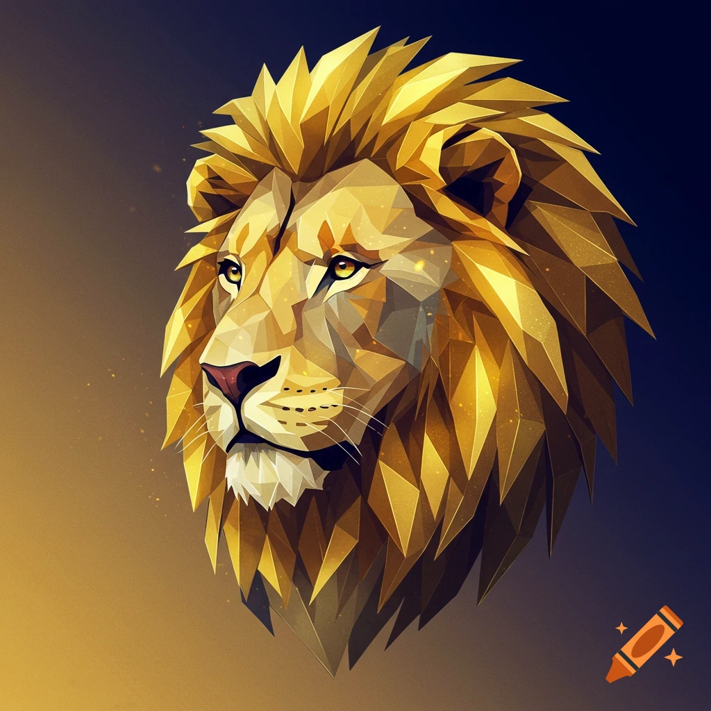 A golden geometric lion head