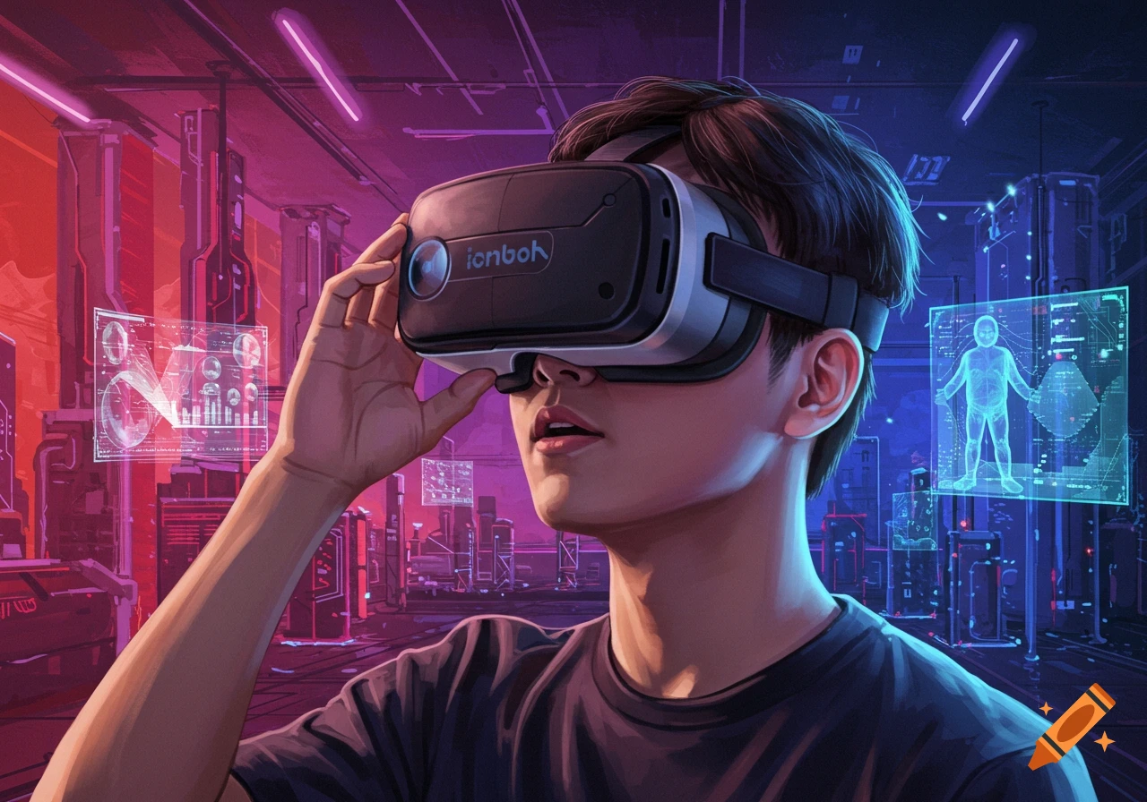 Digital illustration of a person wearing a VR headset in a glowing futuristic city looking at holographic displays.