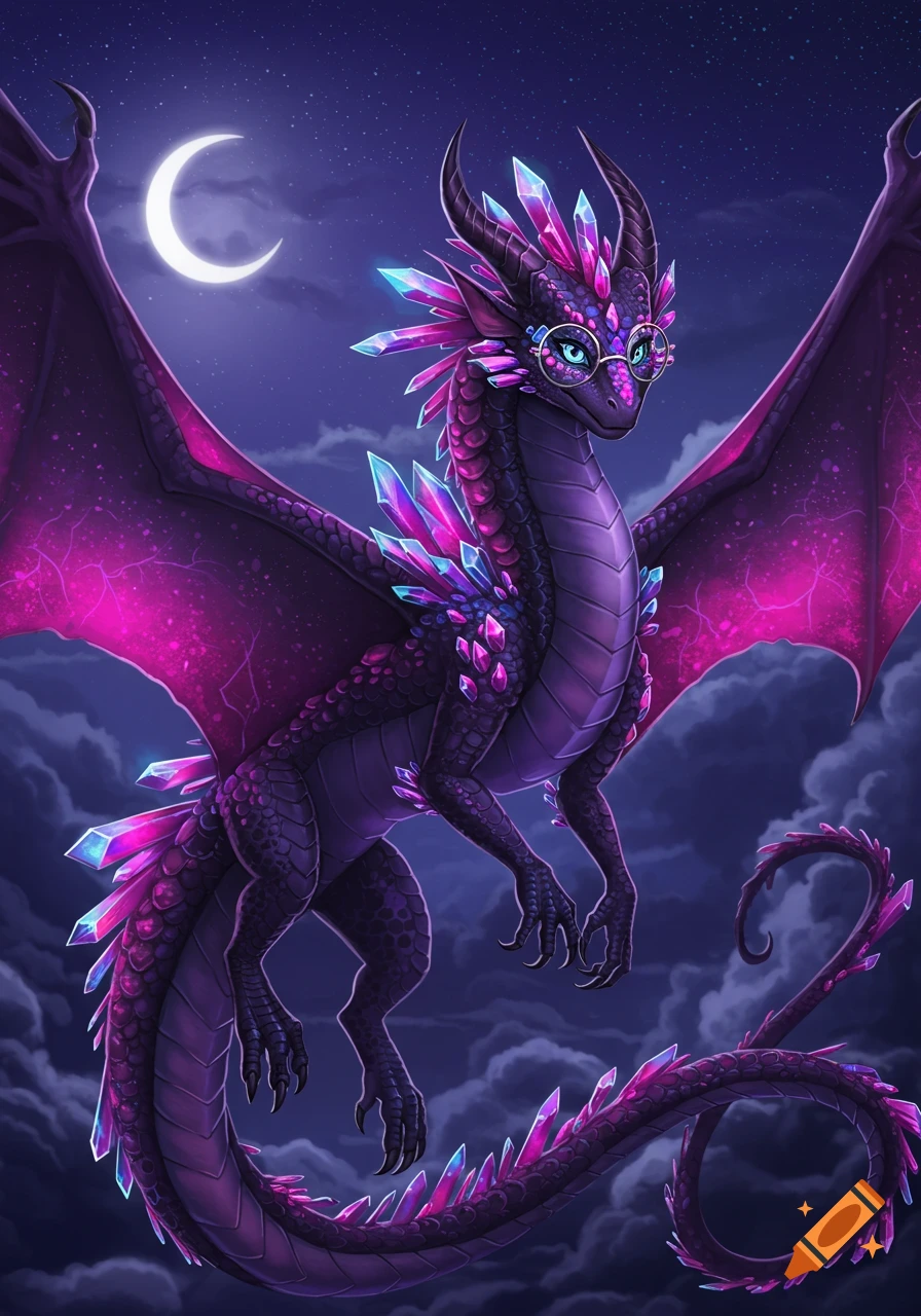 A purple and black crystal dragon with glasses flies in the night sky under a crescent moon.