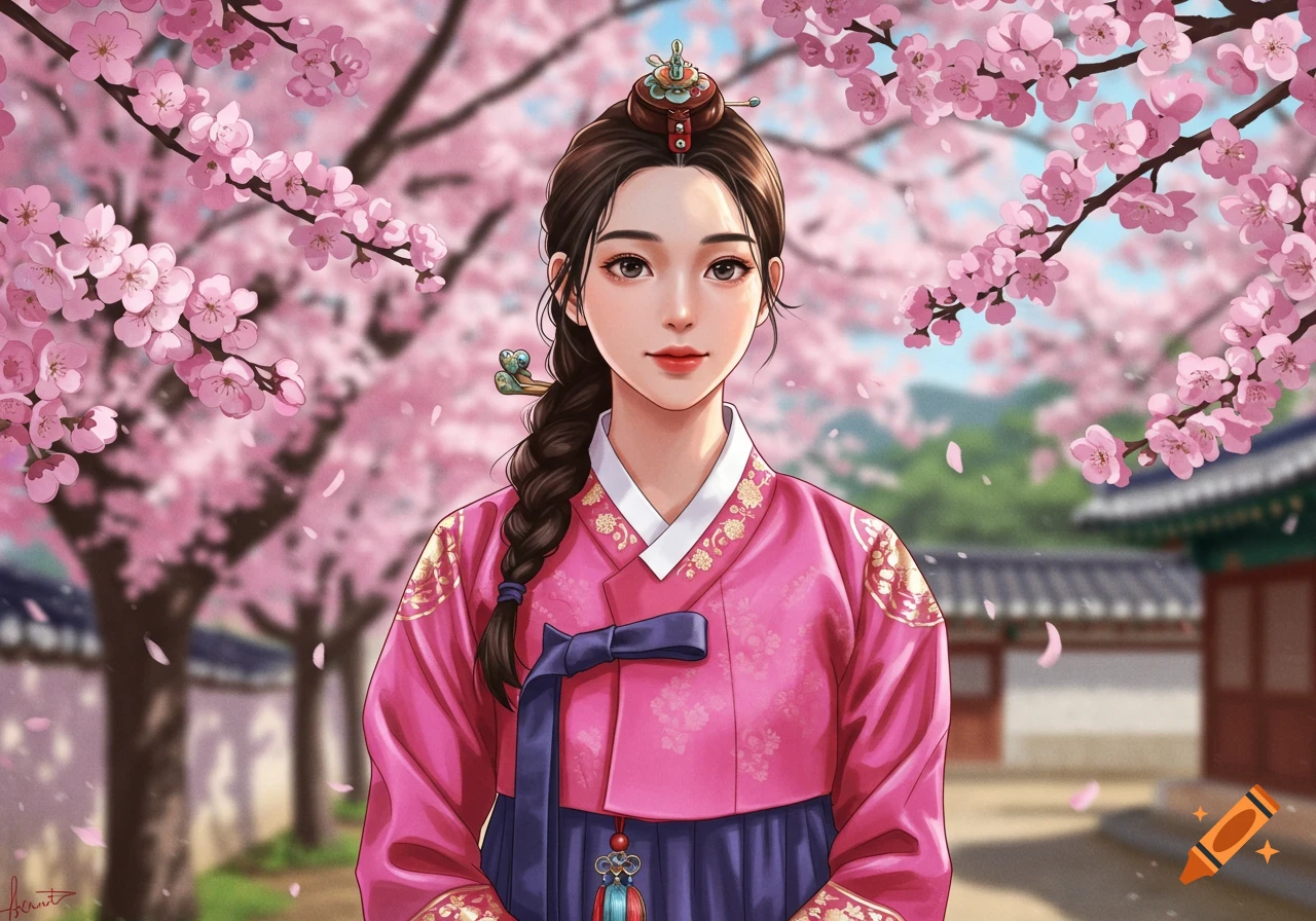 Illustration of a woman wearing a pink hanbok standing among cherry blossoms.