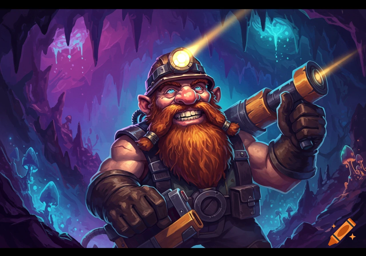 An illustration of a smiling dwarf miner in a cave with glowing mushrooms.