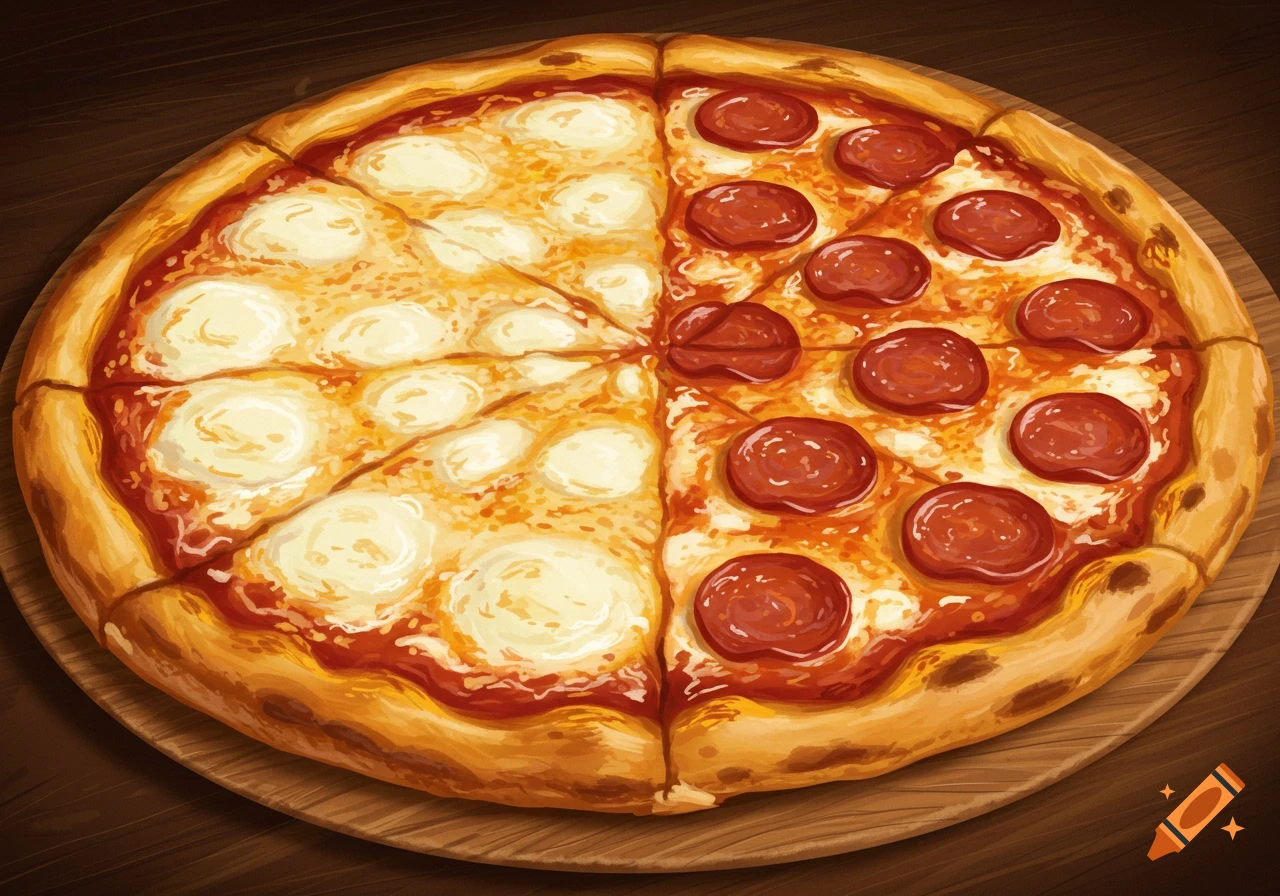 Close-up view of a half cheese, half pepperoni pizza on a wooden board.