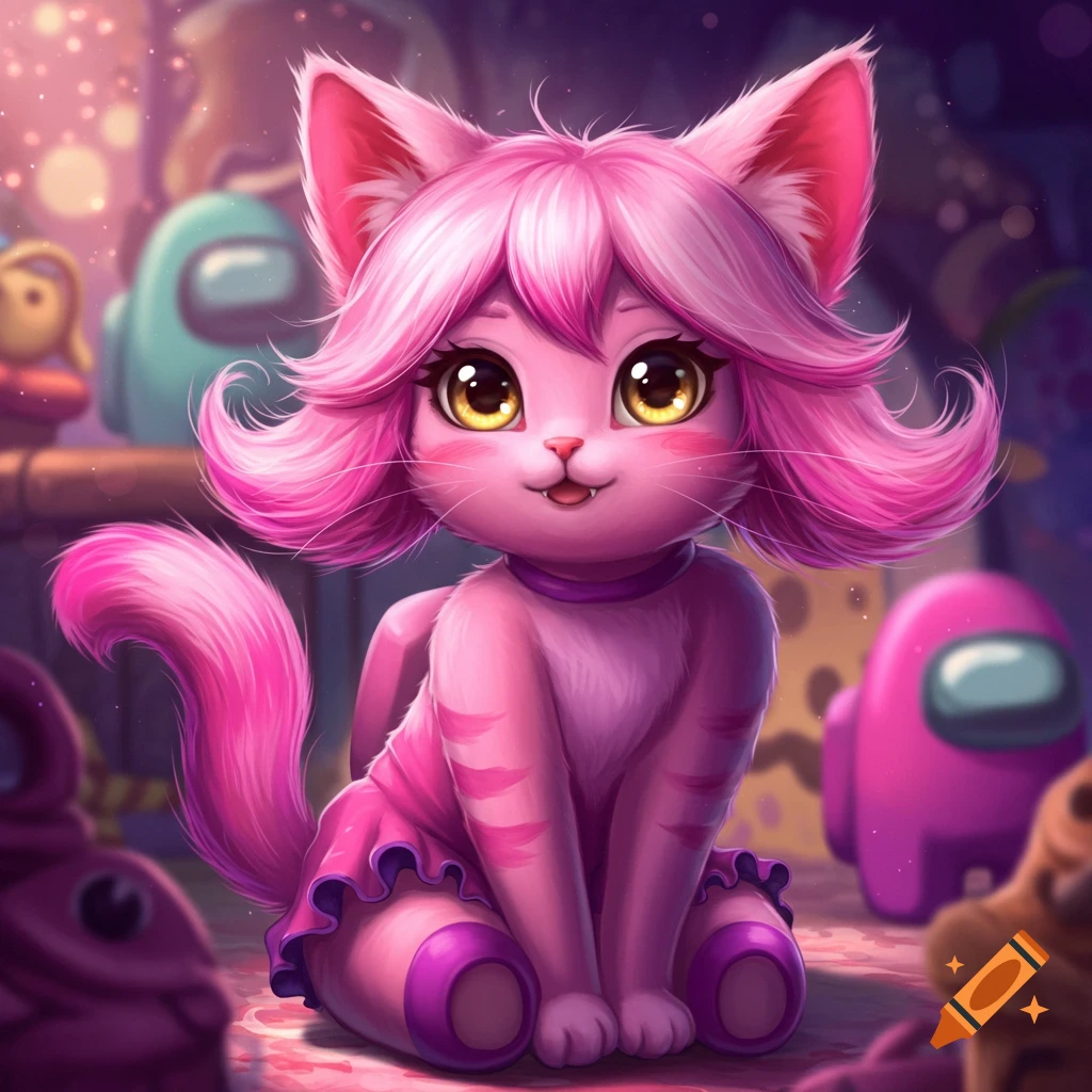 A cute pink cartoon cat character sits with Among Us crewmates in the background.