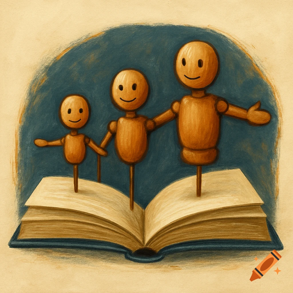 Three wooden puppets of increasing size stand on an open book in an illustration style.