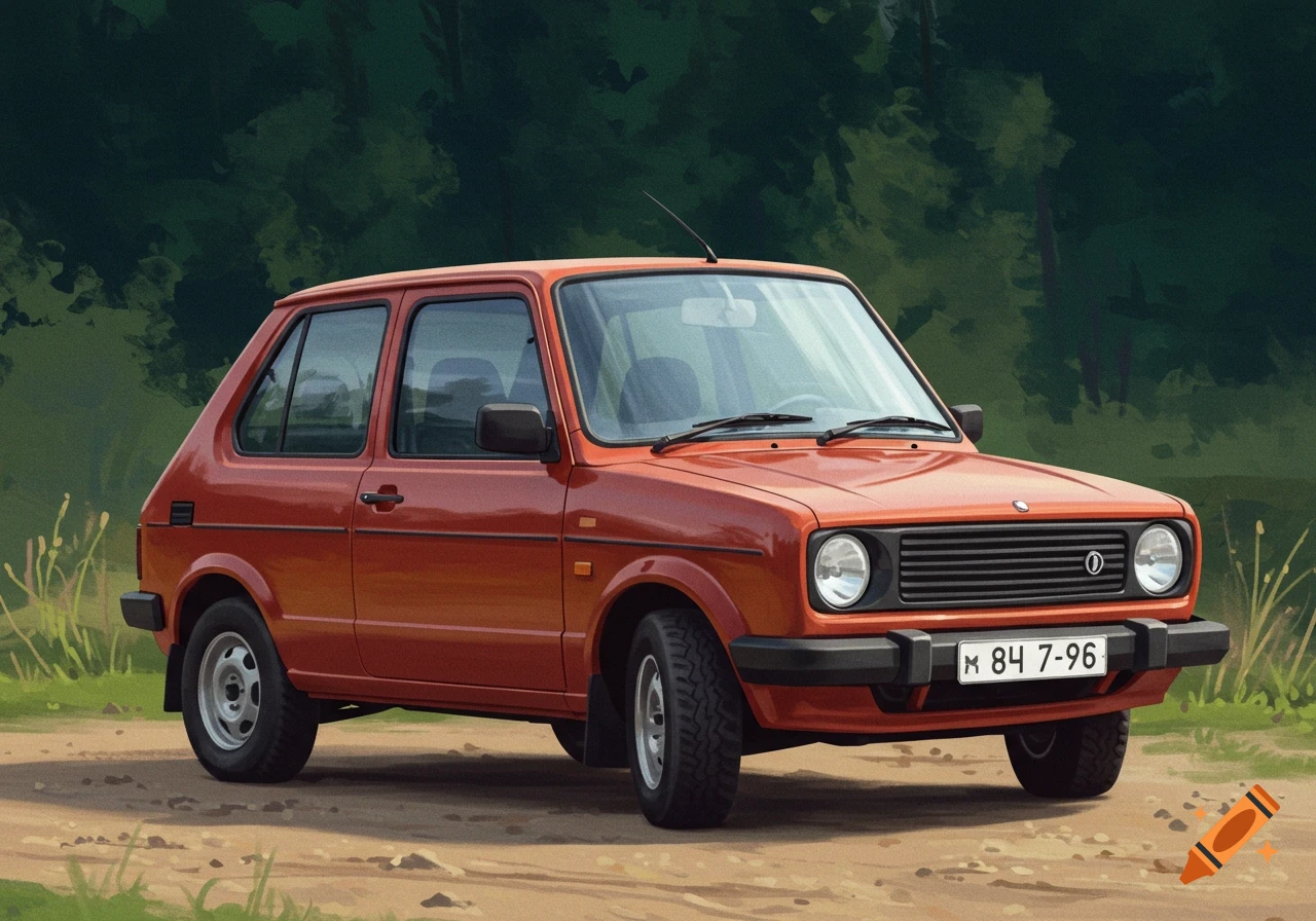 Illustration of an orange hatchback car parked on a dirt road