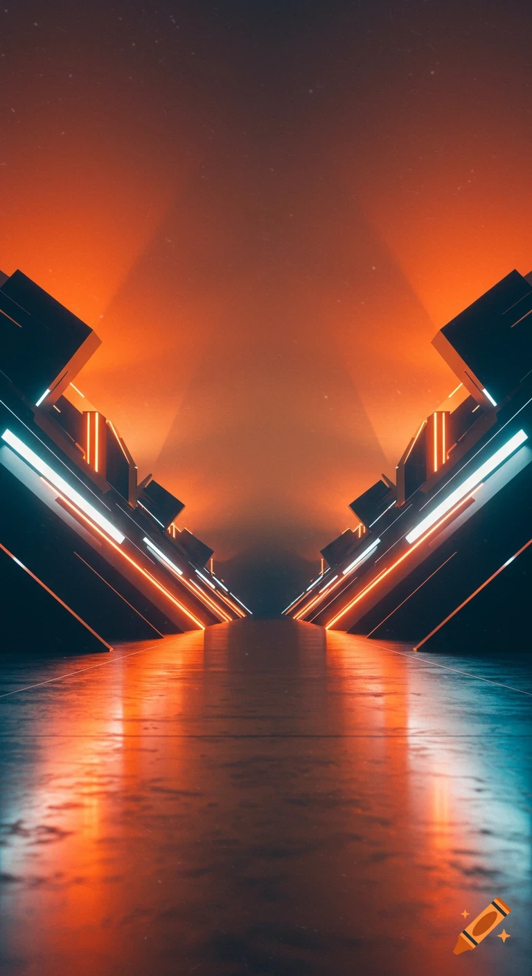 Abstract futuristic tunnel with glowing orange and blue lights reflecting on the floor.