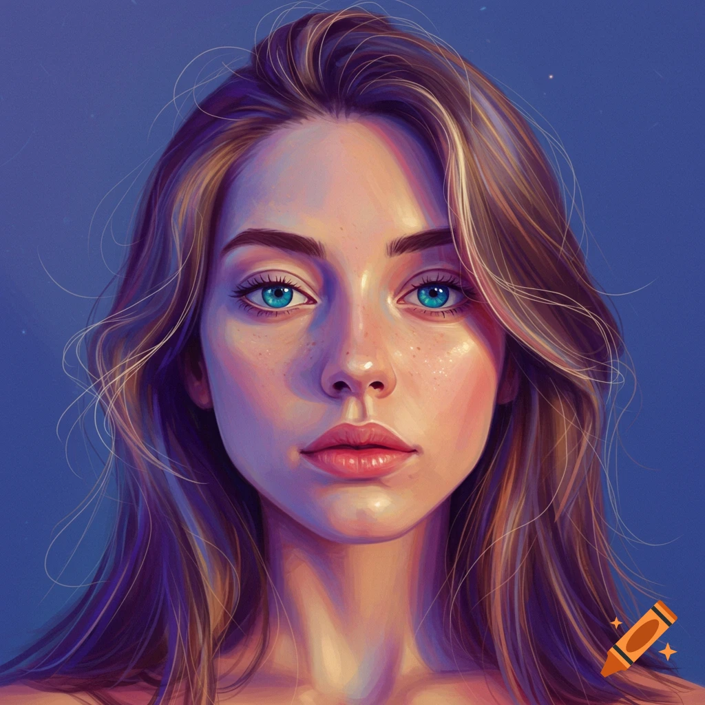 Digital painting portrait of a young woman with bright blue eyes. on ...