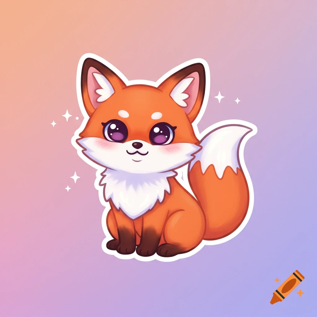 A cute cartoon red fox sticker with sparkly eyes sits on a gradient background.