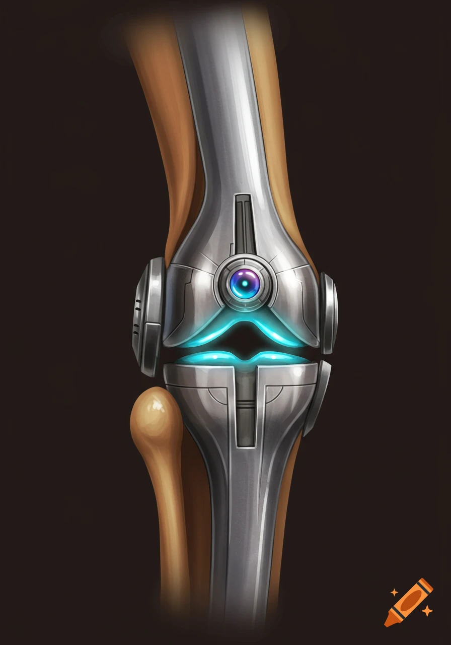 A detailed illustration of a futuristic cybernetic knee joint with glowing blue light.