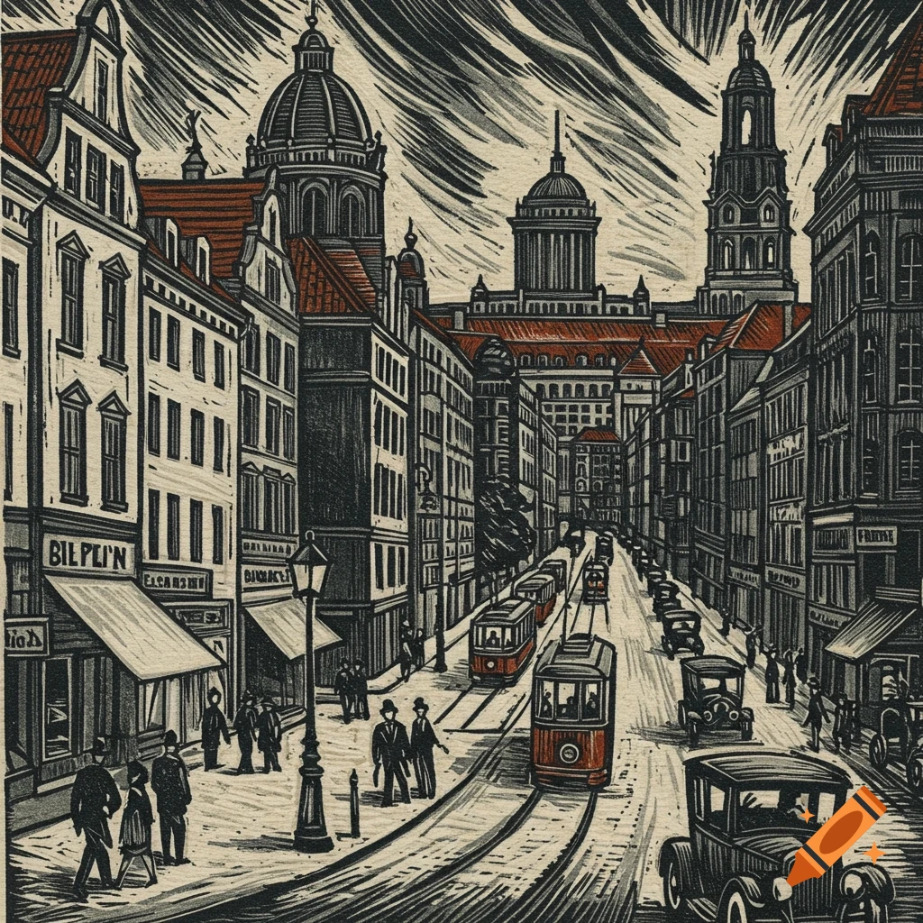 Linocut of a 1920s Berlin street scene with trams, cars, and buildings.