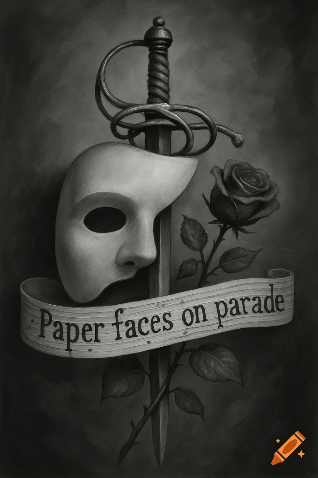 Black and white illustration of a mask, rapier, rose, and banner with text 'Paper faces on parade'.