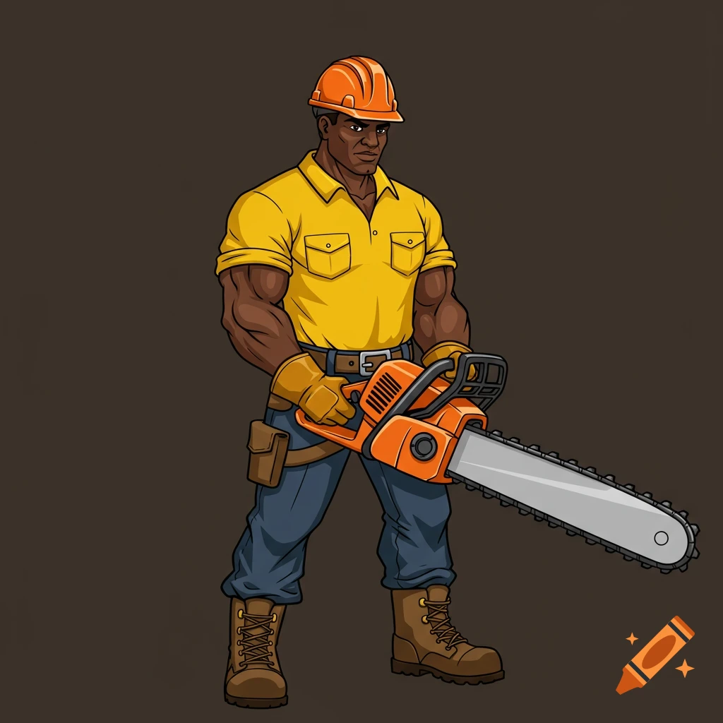 A muscular man in work gear holds a chainsaw.