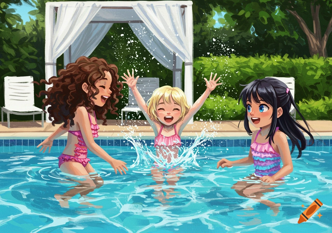 Three happy girls splashing water in a swimming pool, illustration