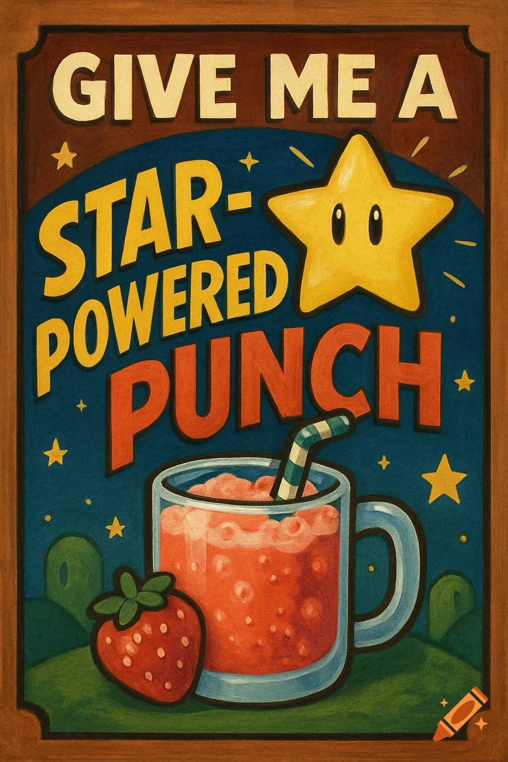 A stylized poster featuring a Super Mario star character next to a glass of red punch with a straw and a strawberry. Text reads "GIVE ME A STAR-POWERED PUNCH".