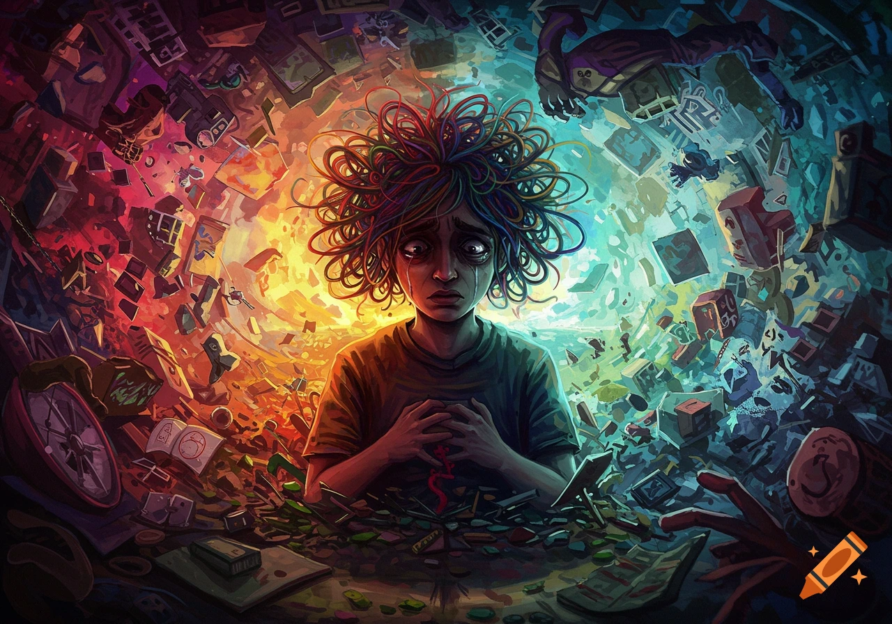 Distressed figure with colorful hair surrounded by chaotic floating objects in a vibrant, abstract space.