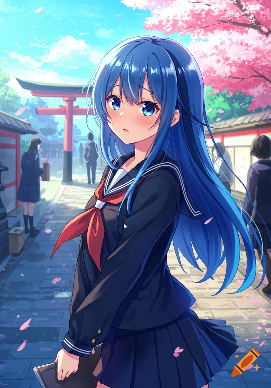 Anime girl with blue hair in a school uniform stands near a torii gate and cherry blossoms.