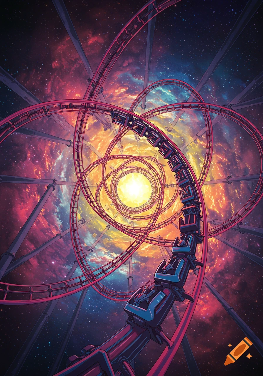 Illustration of a rollercoaster looping through a colorful space nebula