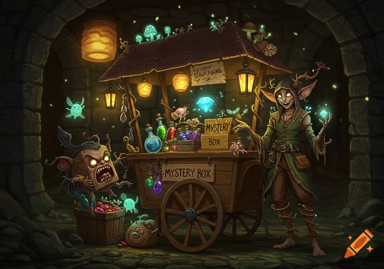 A mischievous fey merchant stands by a magical cart selling potions and oddities in a dungeon, with sprites and a mimic.