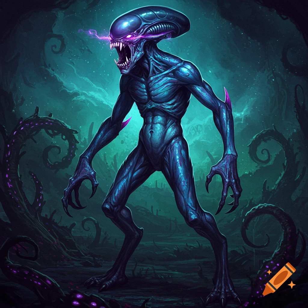 A fierce blue alien with glowing purple eyes, sharp fangs, and claws stands in a dark, swampy alien landscape.