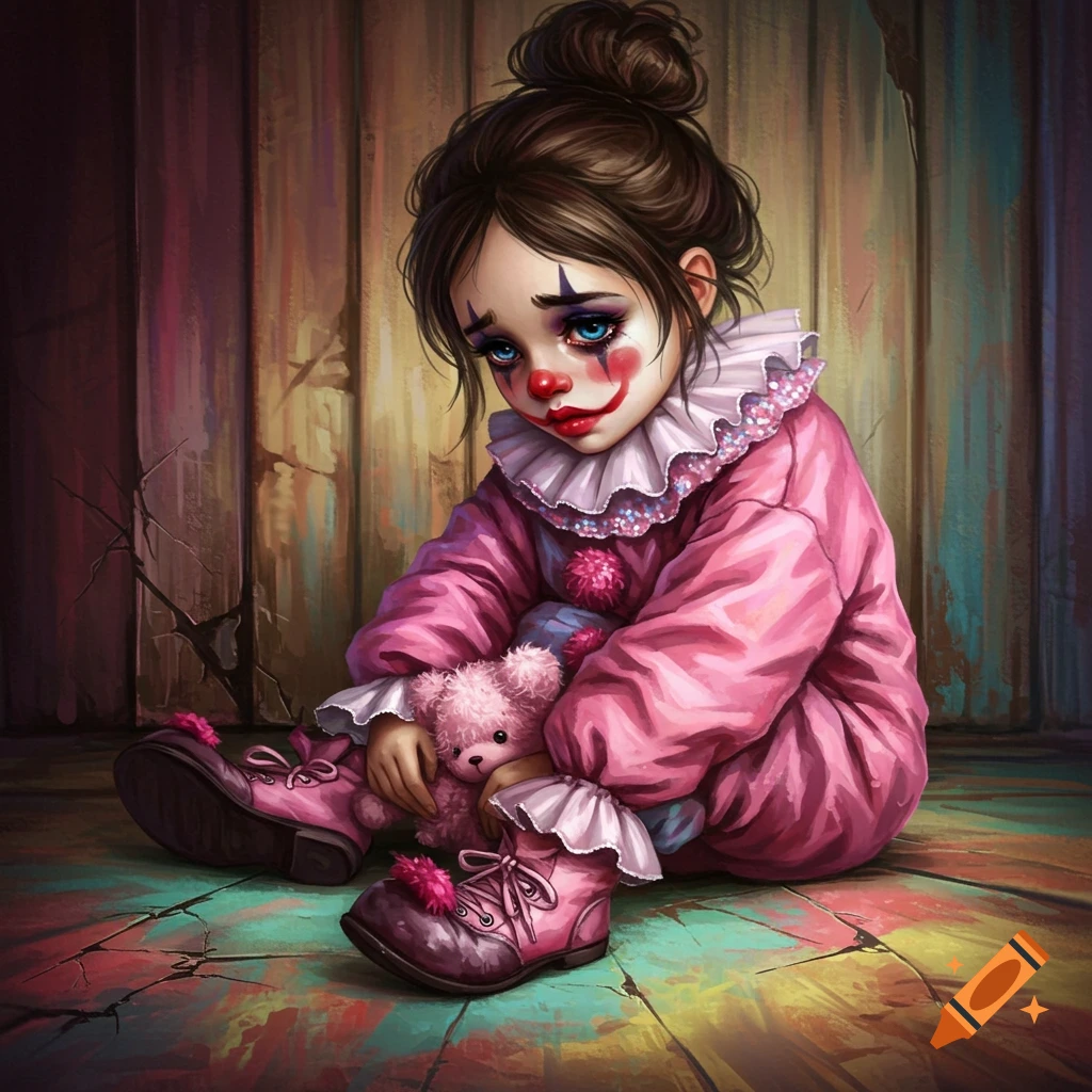 A sad clown girl with a teddy bear sits on the floor, in a painterly style.