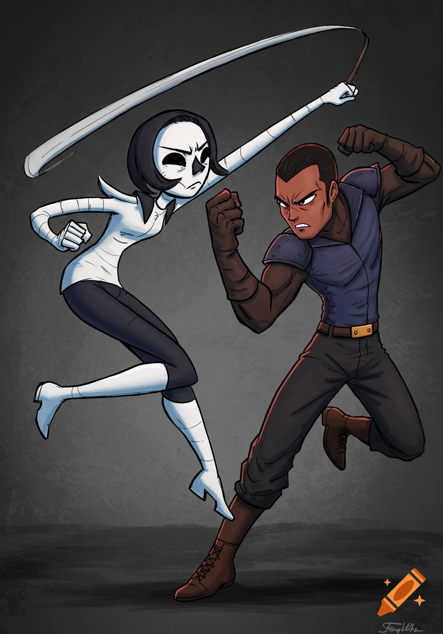 Cartoon illustration of a character with a skull face fighting a man, holding a whip