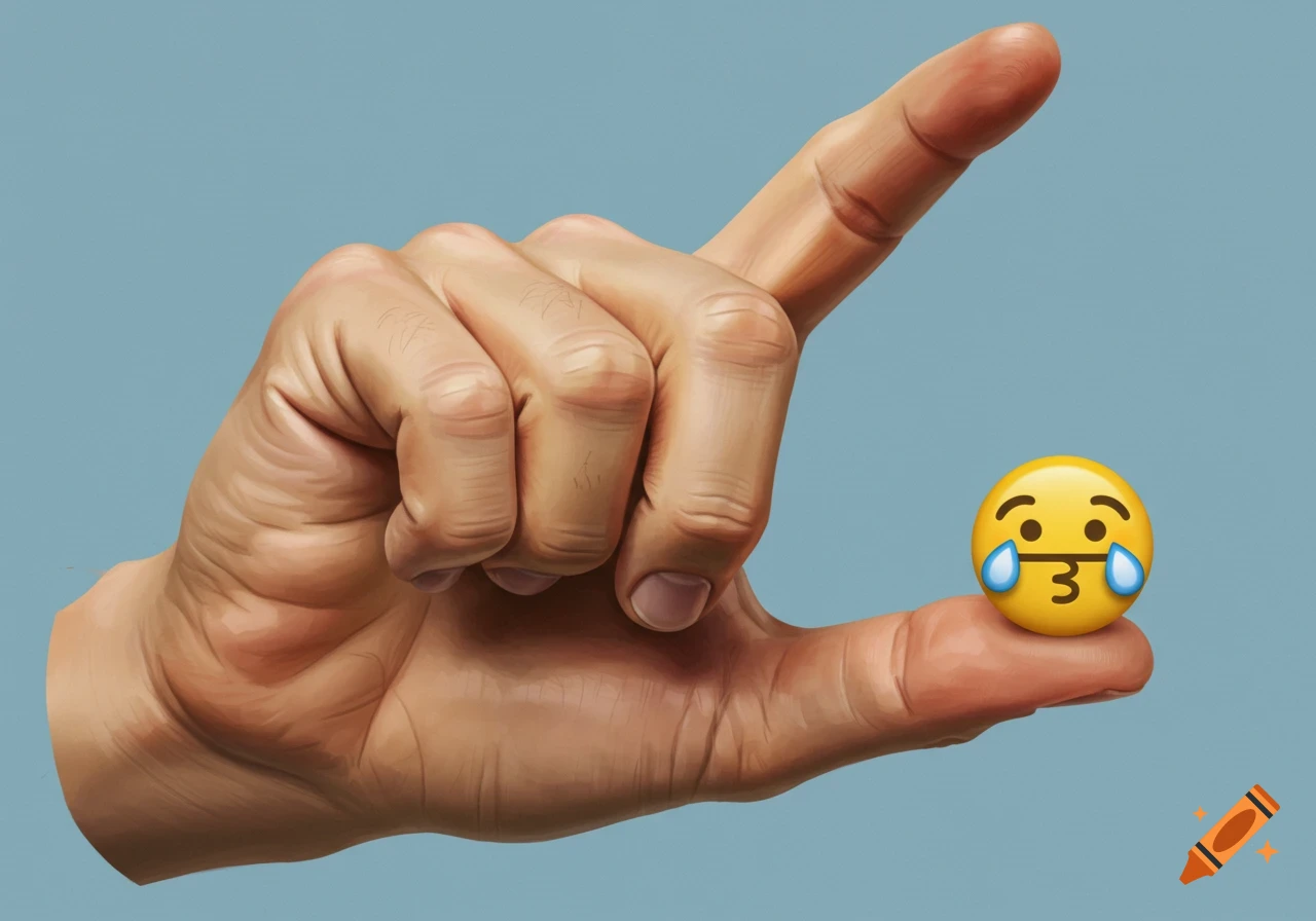 A realistic hand making a tiny gesture with a crying kissy face emoji on its finger.