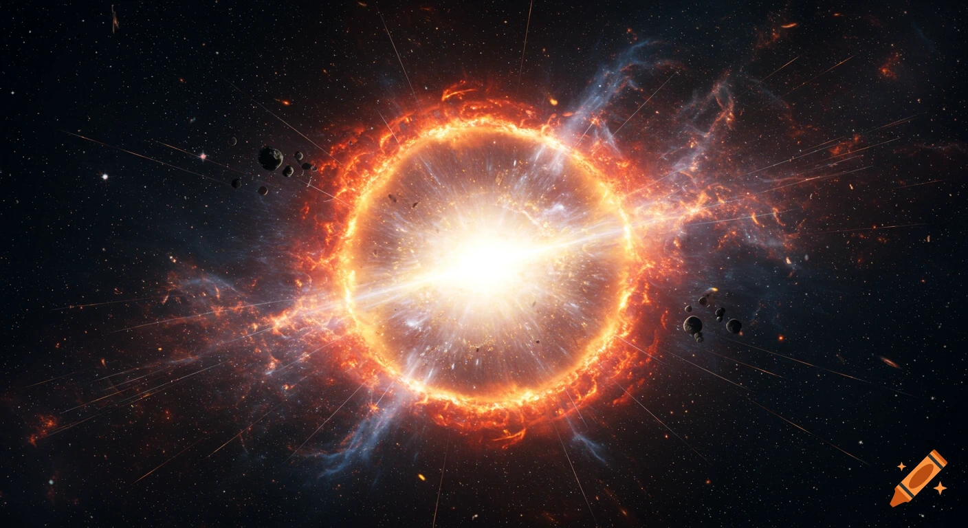 A vibrant cosmic explosion in deep space with glowing plasma and debris.