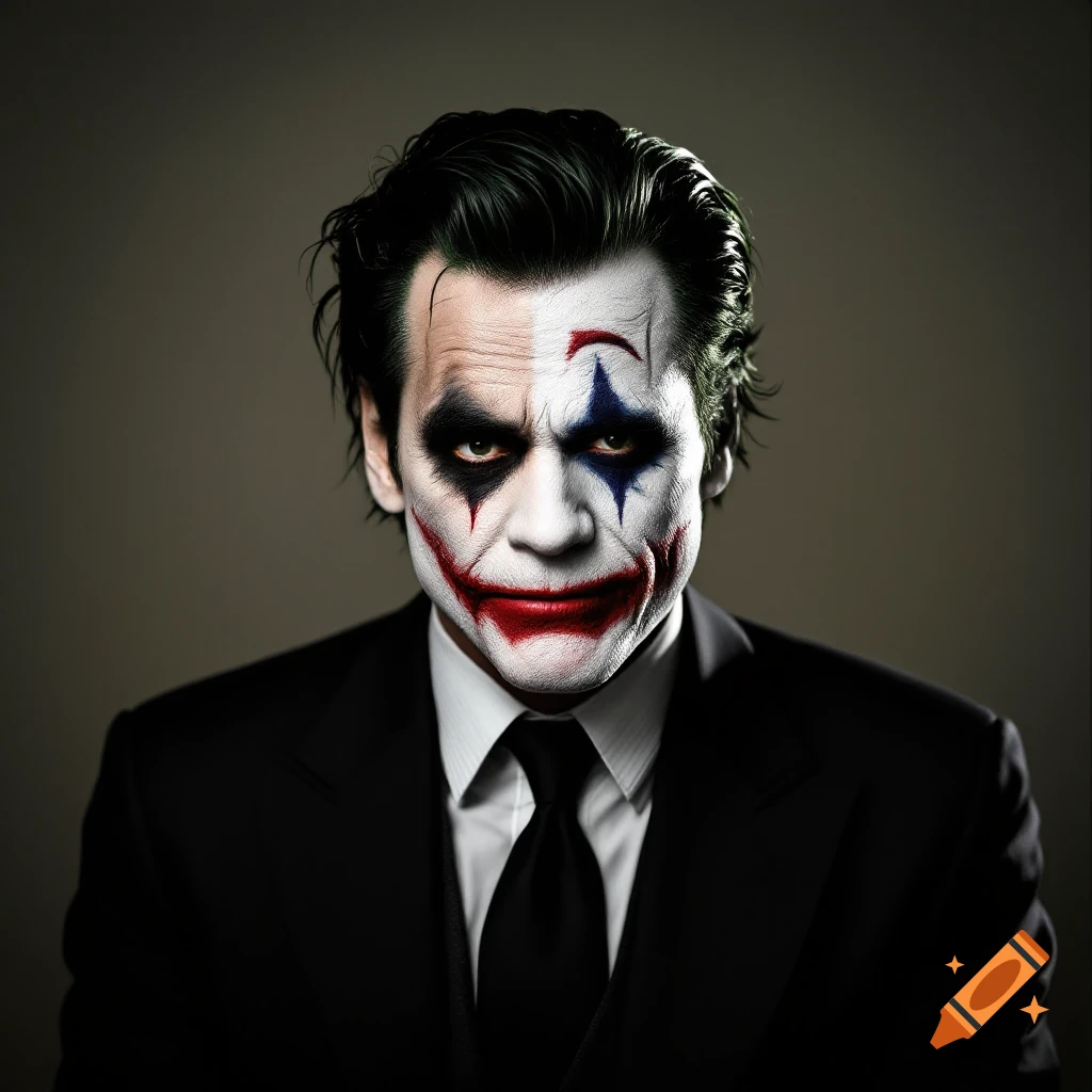 A man wearing clown makeup resembling the Joker, in a suit and tie.