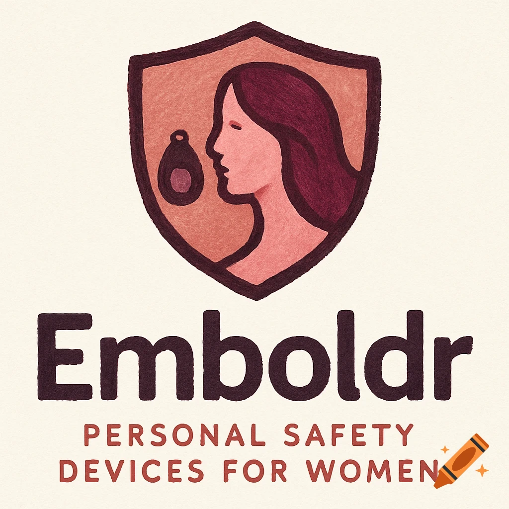 Logo design featuring a shield with a woman's profile and a personal safety device icon inside, text below reads "Emboldr PERSONAL SAFETY DEVICES FOR WOMEN".