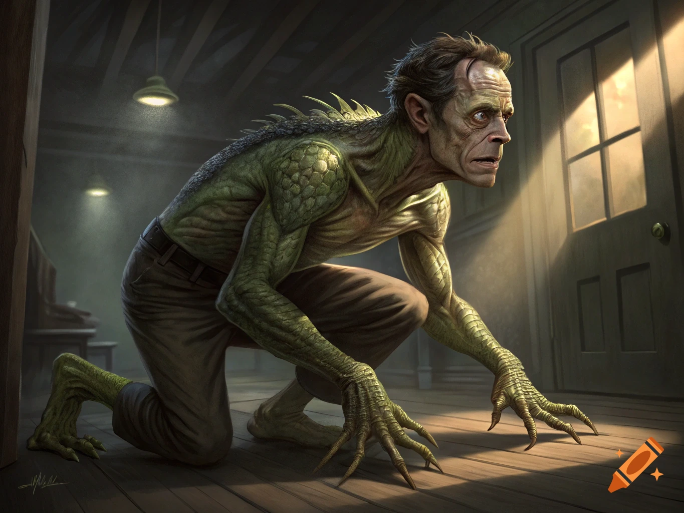 A man on hands and knees transforms into a lizard person, scales on his back and hands, crawling on a wood floor.