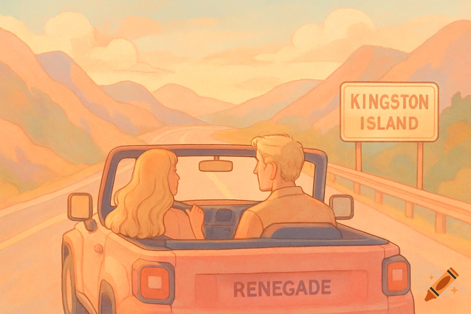 Illustration of a blonde couple driving a convertible on a highway toward a sign saying 'Kingston Island'.