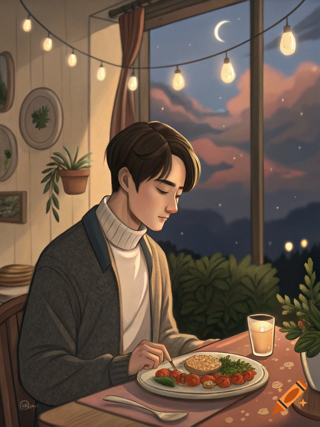 Illustrated young man eating dinner indoors at night with string lights and window view