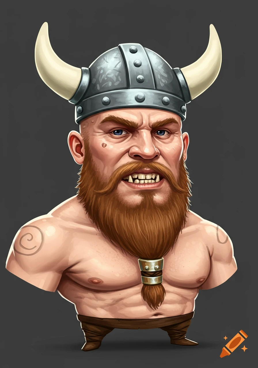 Stylized portrait of a muscular Viking with a beard and horned helmet.