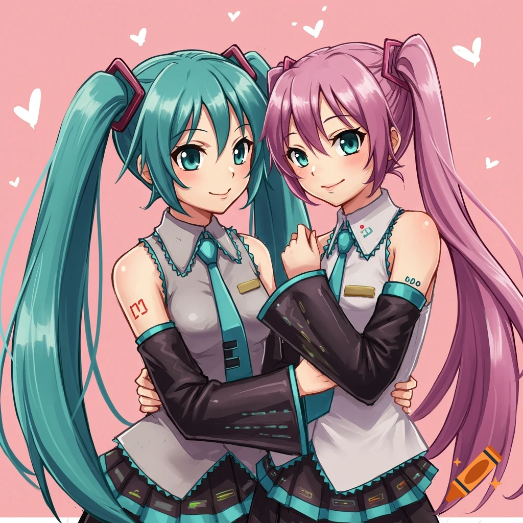 Anime illustration of Hatsune Miku and Kasane Teto hugging, smiling with a pink background and hearts.